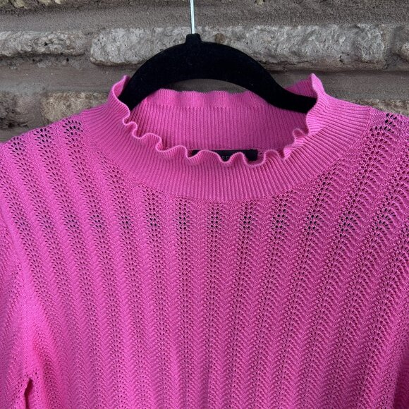 J. Crew Pointelle Ruffle Mock Neck Raspberry Pink Cotton Sweater Size Small - Picture 5 of 8